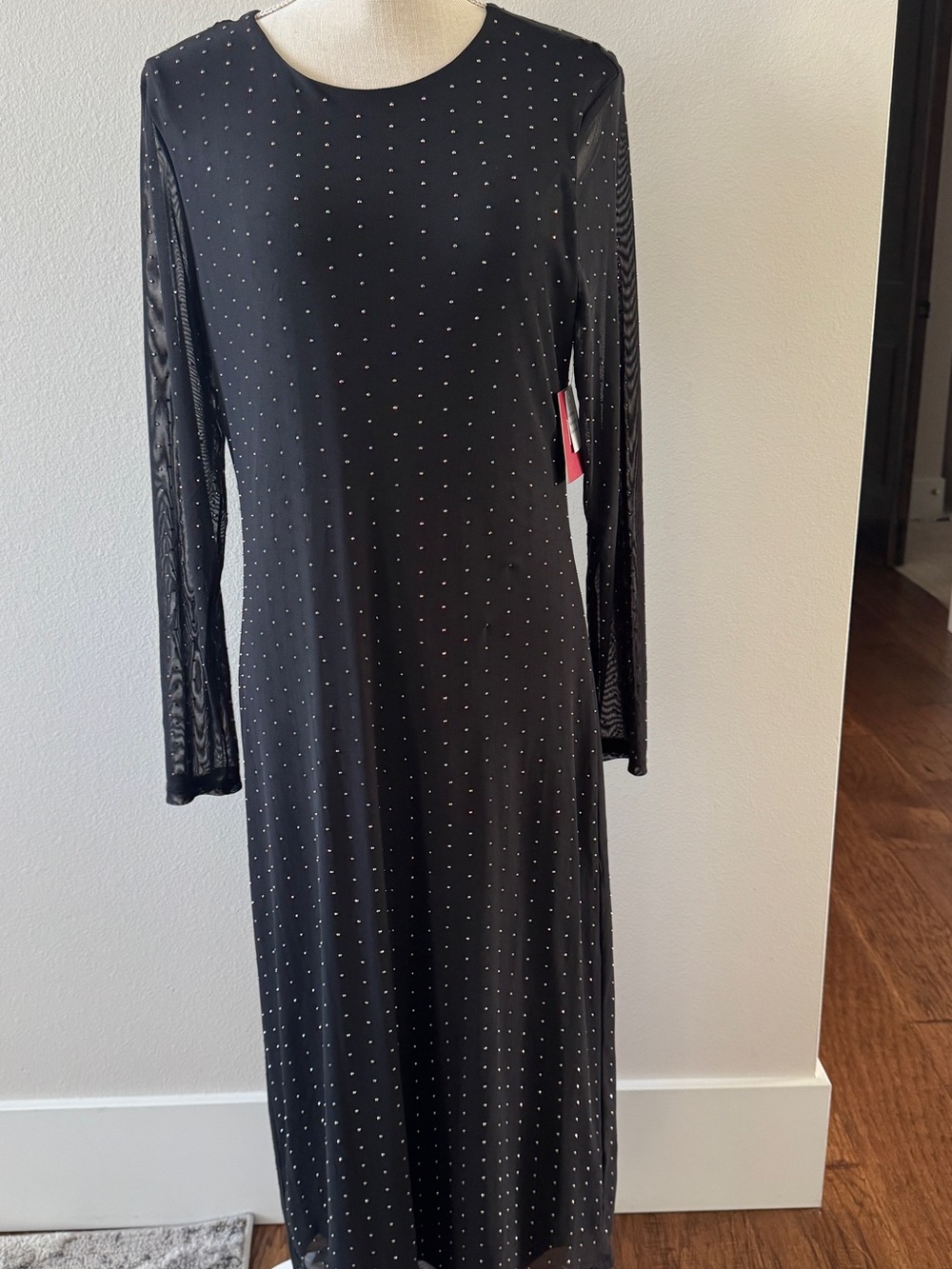 NWT Reba Black Long-Sleeve Rhinestone Sheer-Sleeve Evening Dress